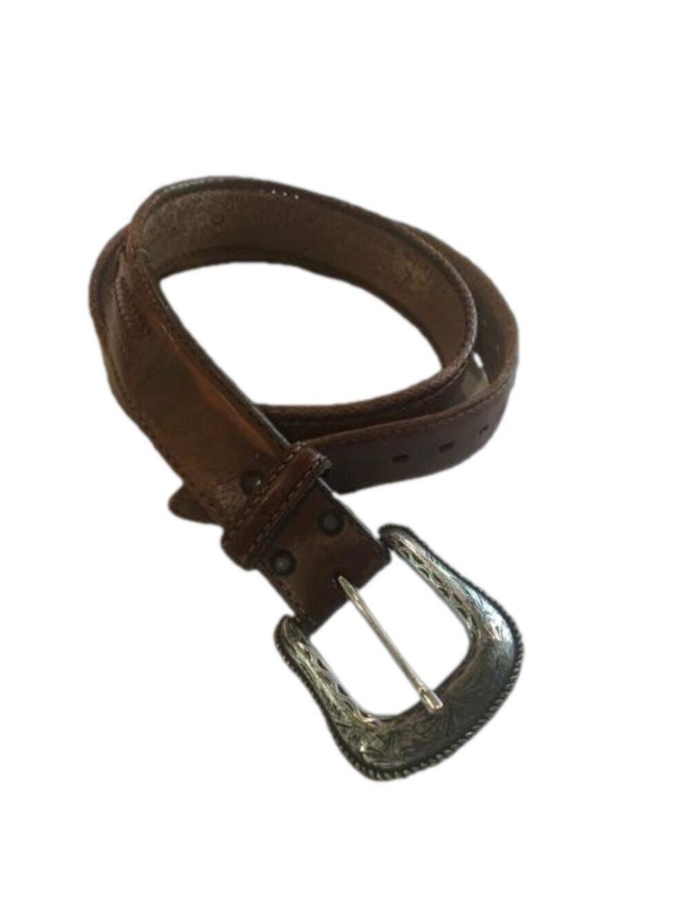 Handcrafted leather western style belt silver tone hardware. Size 38